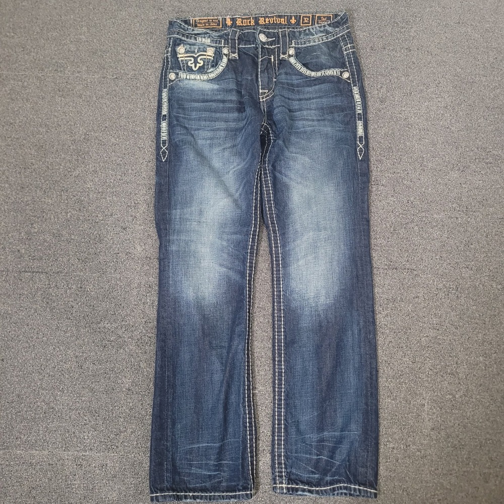 Rock Revival Size 32 Tad Straight Jeans Men Dark Wash Heavy Stitch Distressed